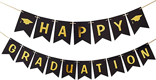 ZHIHUI Graduation Banner 2025, Black and Gold Signs Banner, Congrats Grad Decorations
