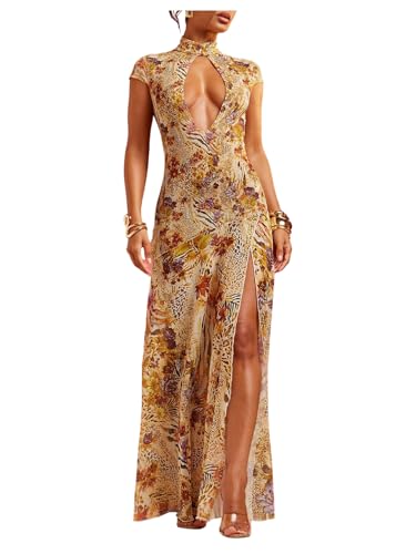 GORGLITTER Womens Summer Beach Vacation Animal Print Dress Mock Neck Cut Out Slit Chiffon Dinner Birthday Maxi Dress Brown Large