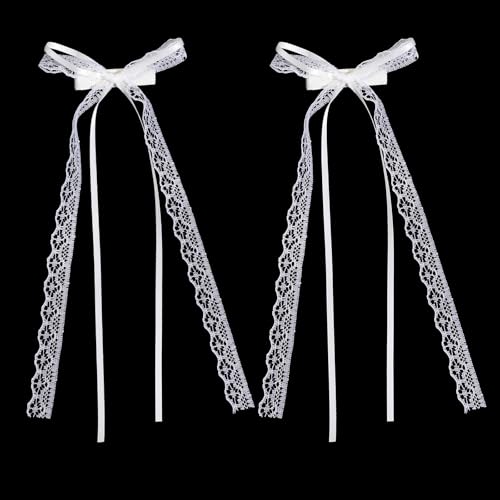 2 Piezas Lazos de Encaje Blancos para el Cabello con Cola Larga, Pinzas de Lazo Coquette para Mujer, Elegantes Barrettes de Cinta con Clip de Cocodrilo, Accesorios para el Cabello de Boda para Niñas y Adolescentes miniatura 1