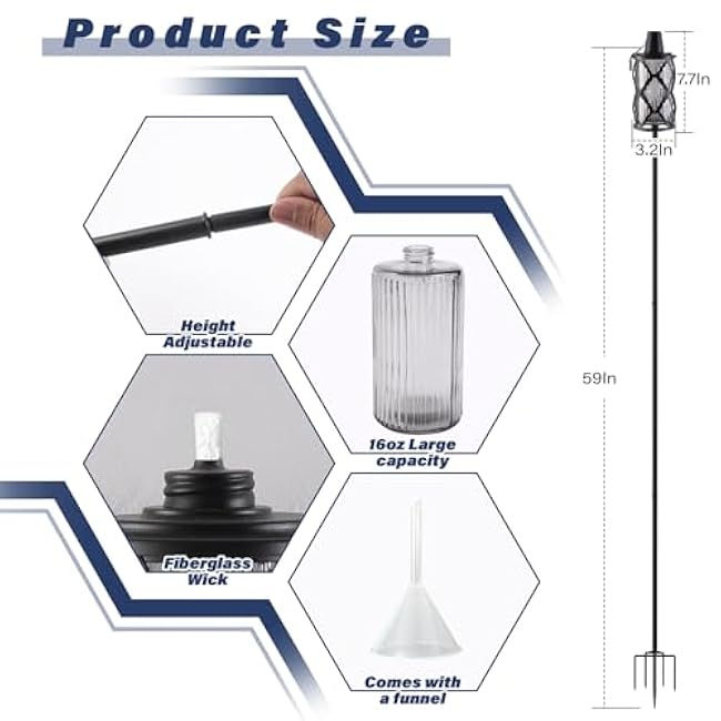 6 Pack Gray Glass Garden Torch,59-Inch Outdoor Torch Garden D¨¦cor, Upgraded 16 oz Citronella Torches with 5-Prong Grounded Stake,Metal Light Torches for Party Patio Pathway