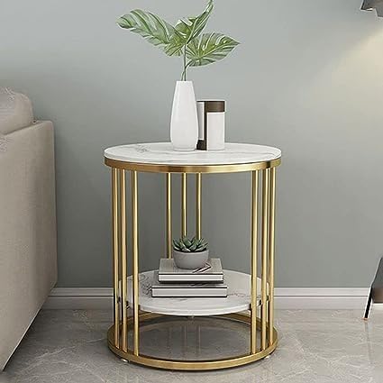 RESHUZ Round Coffee and Side Accent End Table for Living Room with Storage for Drawing Room, (Golden & White)-image-13