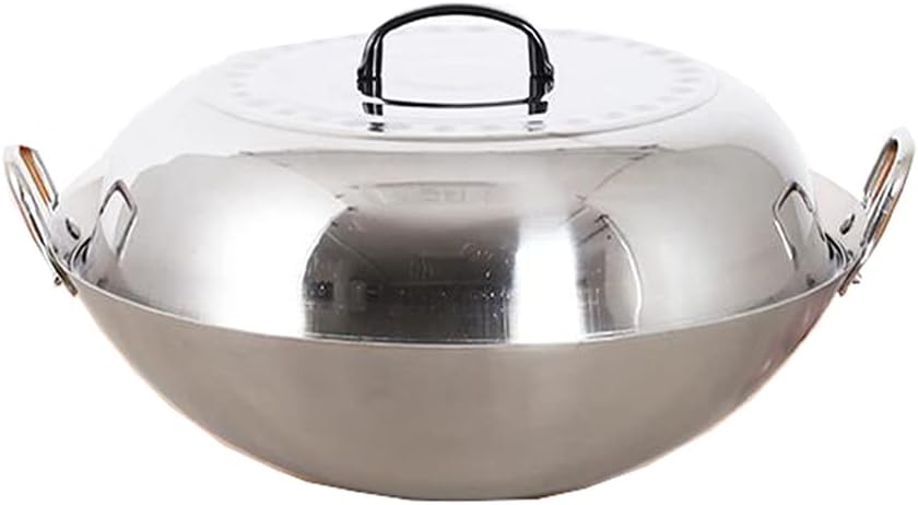 Food Grade Non-Magnetic 201 Stainless Steel Wok Pan Multipurpose Pot Round Bottom 43/47cm Double Ear Chef Fry Wok Smokeless Pot with High Lid for Gas Cooktops(Bright Silver)