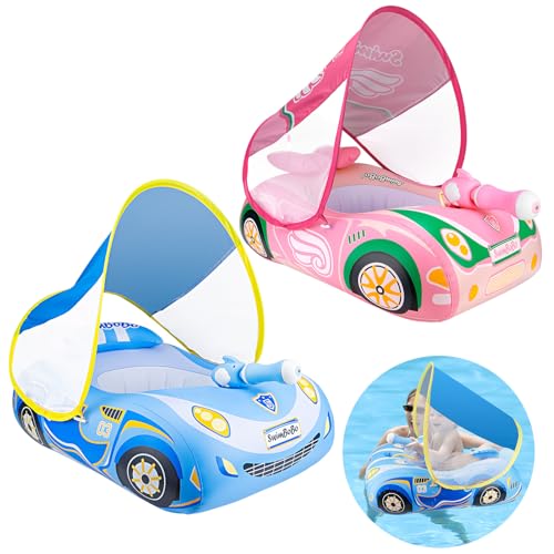 Swimbobo Baby Pool Float with Water Gun Inflatable Toddler Swim Float Car with Canopy and Soft Sponge Seat (2 Pack-Water Gun with Canopy)