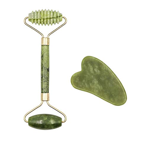 LZLRUN Jade Roller and Gua Sha Set Massage Roller Guasha Board Double Heads Jade Stone