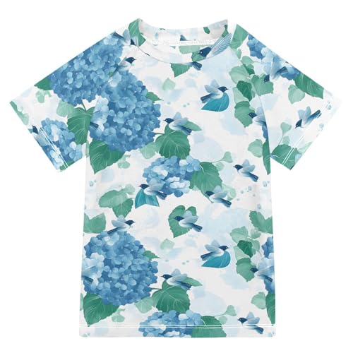 ALAZA Kids Rash Guard Girls Toddler Swim Shirts Short Sleeve Hydrangea Flower Bird UPF 50+ 3T