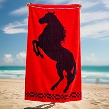 منشفة قطنية فاخرة - 170 × 70 سم - احمر بتصميم حصان اسود - ناعمة وماصة وأنيقة - مثالية للمنزل وصالة الالعاب الرياضية والشاطئ