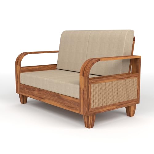 Image of Sheesham Wooden 4 Seater Sofa for Living Room | Solid Wood Sofa with Rattan Cane Side Rack | Rosewood Sofa Set for Home & Office | Lounge (Honey, 4 Seater)