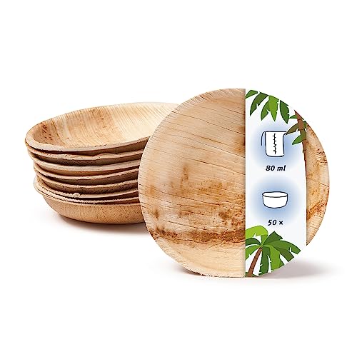 onlyleaf Palmware - Set Cuencos Snacks I 50 piezas orgánicas desechables de 80ml, Ø10cm I Party vajilla compostable y biodegradable I hojas Palma vajilla desechable para Fingerfood Dips buffet