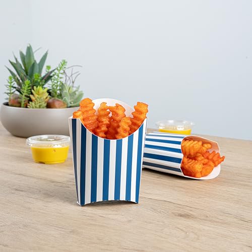 Restaurantware Bio Tek 3.9 x 2.6 x 3.5 Inch French Fry Cup 100 Disposable Snack Cups - Stackable Sustainable Blue And White 2 Ounce Paper Fry Holder For Fries Onion Rings Popcorn or Cookies by Restaurantware - Used condition - Image 6