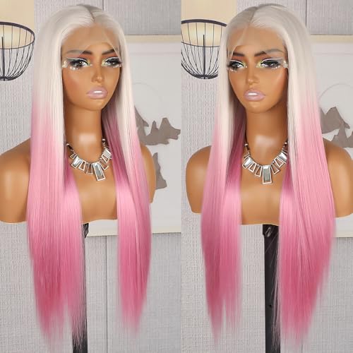 QD-Tizer Ombre Pink Color Synthetic Lace Front Wigs Platinum White