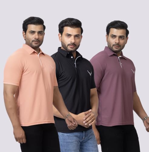 Image of HANABY Men's Summer Polo Solid Half Sleeves Polycotton T-Shirt | Collar Breathable and Comfortable T-Shirt (Pack of 3)