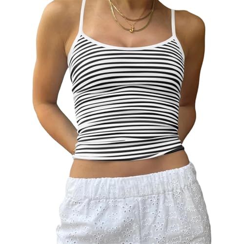 Image of Djbdesi Women Striped Spaghetti Strap Cami Tops Y2k Aesthetic Tank Slim Fit Cropped Camisole Going Out Tops Vest (A1 Black, S)