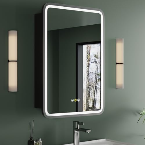 HBEZON Medicine Cabinet with LED Lights and Mirror, 16W x 28H Inch Wall or Recessed Mounted Bathroom Cabinet with Right Hinge, Storage Shelf, Defogger, Memory Function, 3-Color Mode, Dimmer, Black