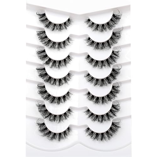 Pooplunch Fake Eyelashes Faux Mink Lashes Strips Cat Eye Wispy Volume Lashes D-Curly Clear-Band Natural 8D Extension Wispies 7 Pairs Pack
