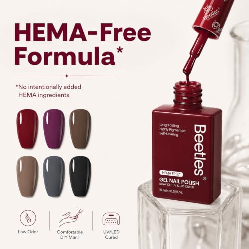 Image of Beetles Fall Gel Polish Set, Burgundy Dark Red Brown Black Gray Colors,Hema-Free | 6 PCS 15ml Full Size Gel Nail Kit, Midnight Elegance, UV Nail Polish Color DIYManicure Home Salon