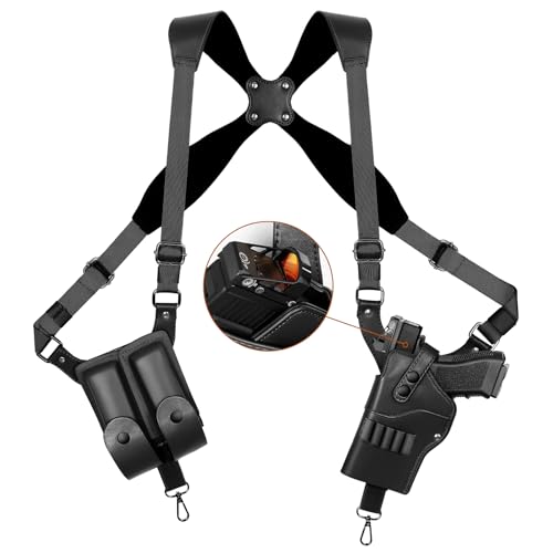 Shoulder Holster, Adjustable Leather Shoulder Holsters for Concealed Carry with Double Magazine Pouch, Fit 1911, Glock 17/19/23, Beretta 92FS and More Pistols-for Right Hand (Black for Optic Cut)