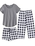 Ekouaer 3 PCS Capri Pajamas for Women Set Short Sleeve Pajama Sets Floral Pj Sets Soft Sleepwear with Pockets