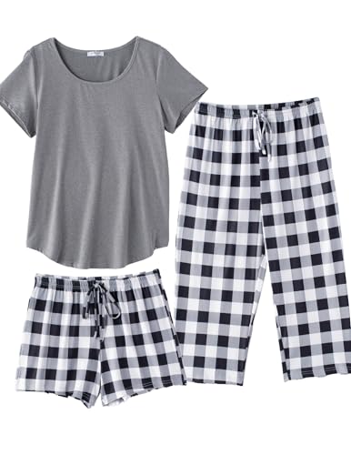 Image of Ekouaer 3 PCS Capri Pajamas for Women Set Short Sleeve Pajama Lounge Sets | Floral Pj Sets Top and Capri Pants Soft Comfy Sleepwear with Pockets for Home, Daily Wear for Mom, Wife, Grandmother