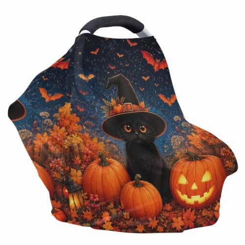 Image of Wanyint Baby Car Seat Cover Car Seat Canopy for Babies Boys Girls, Multi-Use Infant Breastfeeding Covers Nursing Scarf Halloween Decoration, Black Cat Witch Pumpkin Bat