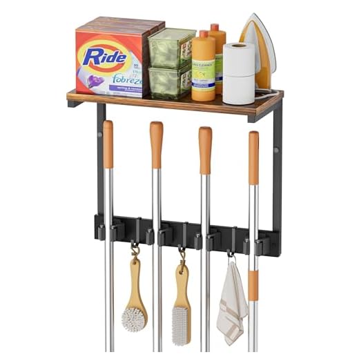 Broom Holder Wall Mount with Cleaning Supplies Organizer, Laundry Room Organization and Storage Shelves, Mop Hanger Broom Rack with Hooks, Home Improvement Kitchen Shelf Garage Organizer