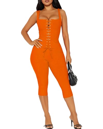 Image of 2 Piece Sets for Women Sexy Ribbed Crop Tops High Waist Bodycon Capri Pants Womens Summer Outfits Clubwear