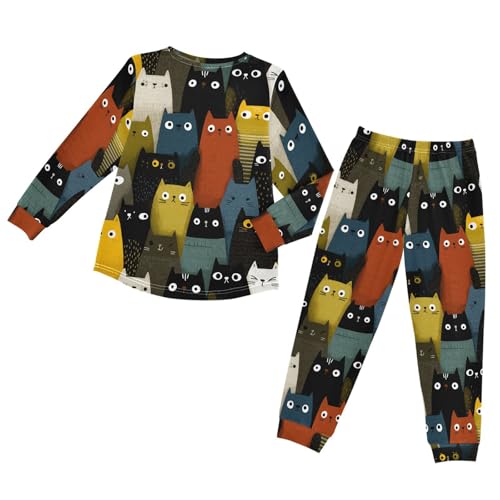 Cute Cats in Colors Soft Pajama Set for All Seasons,Breathable Pjs Long Sleeve Sleepwear,Comfy Loungewear 2 Piece Underwear Set 3T2