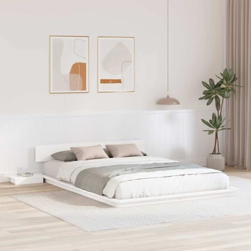 vidaXL Struttura Letto a Terra con Tavolini Bianchi 140X200Cm Legno Massello Design Integrato Soluzione di Archiviazione Mobili per Camera da Letto Adulti Stile Giapponese Durevole Minimalista
