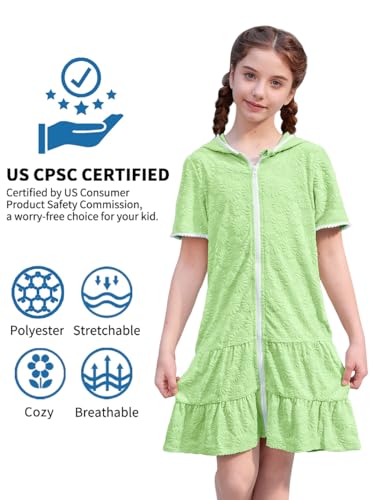 Image of BesserBay Girls Summer Beach Quick Dry Cover Up Ruffle Hem Terry Smocked Hooded 4-14 Years with Pockets