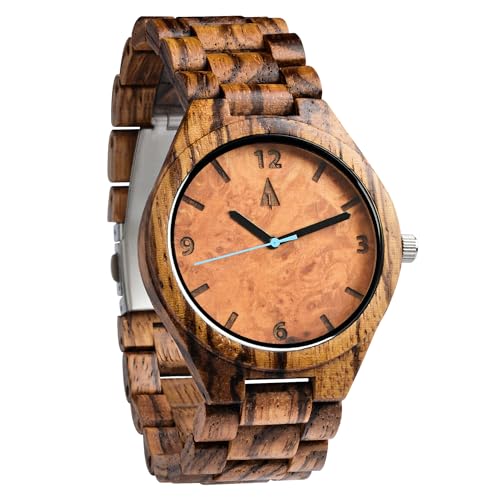 Treehut Wooden Watches for Men, Japanese Quartz Movement, Stylish Exotic Wrist Watch with Adjustable Stainless Steel Buckle, Wooden Straps, Watch Made from Ebony and Zebrawood, Relojes Para Hombre (Bl