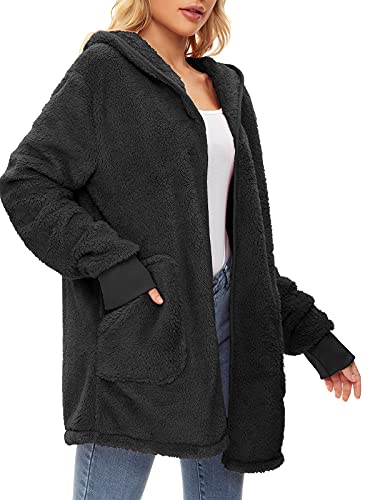 Century Star Women Fleece Cardigan Hooded Loose Fuzzy Cardigan Coat Womens Fuzzy Jacket Open Front Outwear Black Xx-Large #TOP2