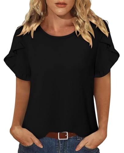 CRAZY GRID Women's Shirts Summer Casual Crewneck Ruffle Short Sleeve Blouses Cute Floral Print Tunic Tops