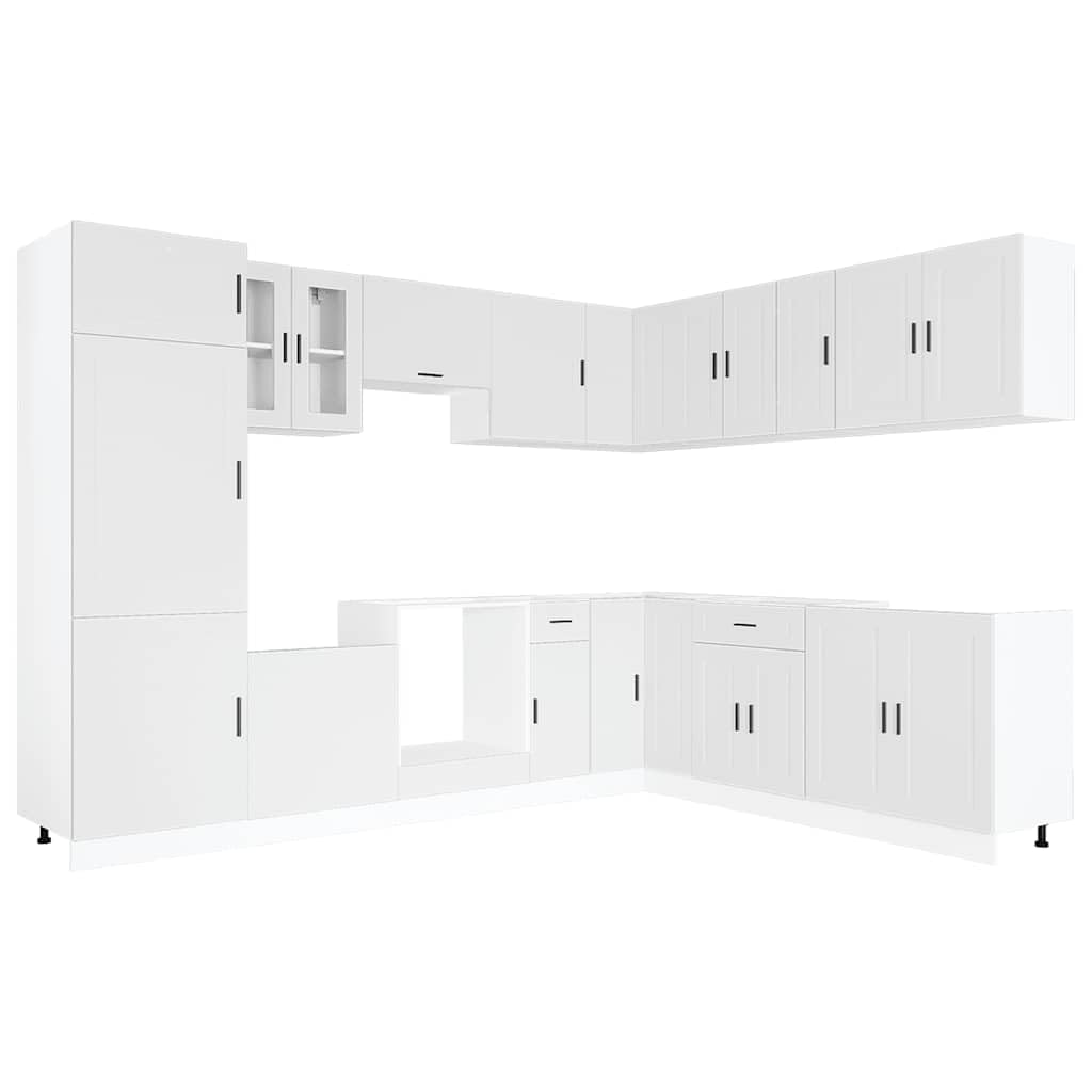 Set Mobili da Cucina 14 Pezzi Porto Bianco in Legno Multistrato | Soluzione componibile salvaspazio per cucina con piedini regolabili e ampi scomparti interni