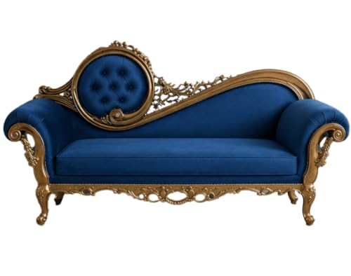 Image of Victorian Style Chaise Lounge, Tufted Cream Upholstery, Mahogany Wood Frame, Classic Living Room Furniture (Blue)