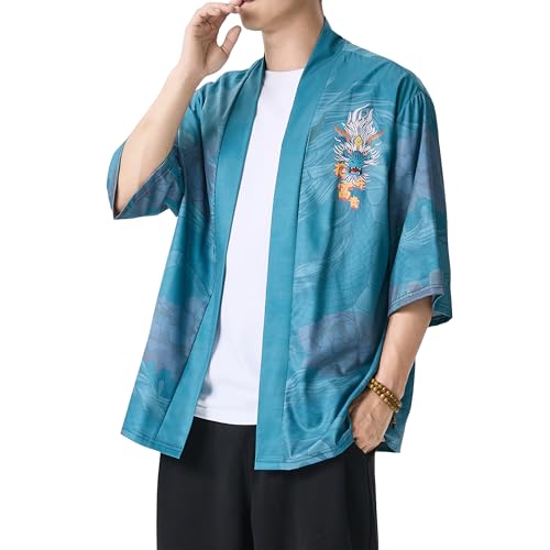 Image of PRIJOUHE Men's Japanese Kimono Cardigan Jackets Casual Long Sleeve Open Front Coat Lightweight Yukata Outwear