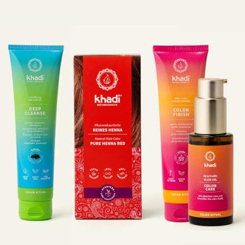 khadi Pflanzenhaarfarben ColorCycle Bundle – REINES HENNA Pflanzenhaarfarbe + Deep Cleanse Shampoo + Color Finish Conditioner + Color Care Haaröl