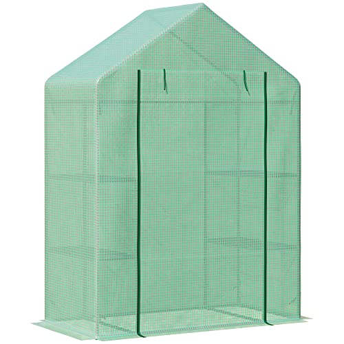 Outsunny Foliengewächshaus Gewächshaus mit 6 Regalebenen begehbares Gartenhäuschen Treibhaus Tomatenhaus Pflanzenhaus mit aufrollbarem Eingang Frühbeet Grün 141 x 72 x 191 cm
