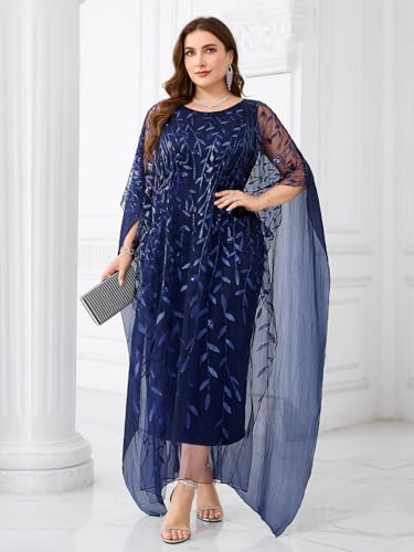 Image of Plus Size Sparkly Formal Evening Gown Sequin Cape Overlay Mother of Bride Dress Wedding Guest Cocktail Party