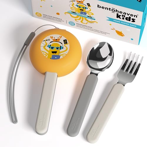 Image of Bentoheaven Kids Travel Utensils with Case, Food-Grade Stainless Steel & BPA-Free Plastic, Travel Cutlery Set, Dishwasher Safe Fork, Spoon & Case, Reusable Flatware, Silverware for Kids (Octopus)