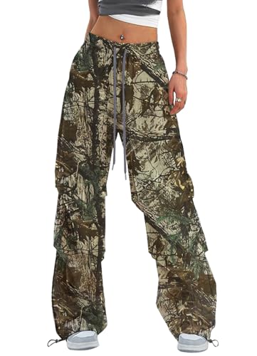 Bakyarder Womens Y2K Baggy Parachute Pants High Waist Wide Leg Casual Track Pants with Adjustable Drawstring Waist Hunting Camo Medium