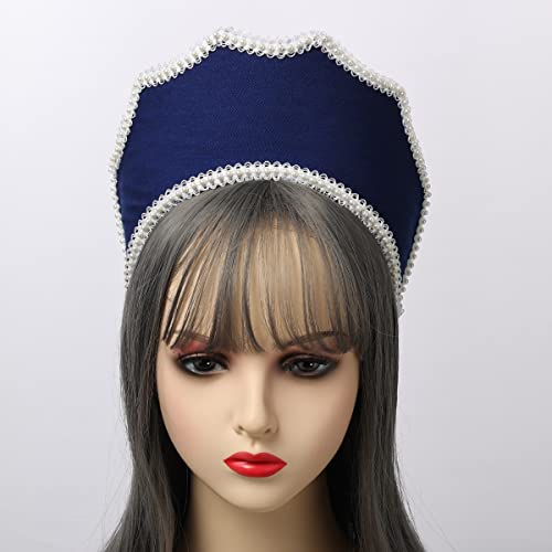 BPURB Renaissance Medieval Tudor Queen Headpiece for Women Anne Boleyn Headband Elizabethan Royal Coronet Hood Tiara Hat (Dark Blue) - Image 2