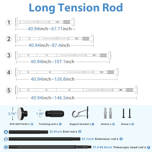 Image of 2Pack Long Tension Rod 41-144inch Black Tension Curtain Rods no Drilling | 1.26 inch Diameter Outdoor Curtain Rod for Patio,Windows,Anywhere Heavy Duty Spring Rods Adjustable