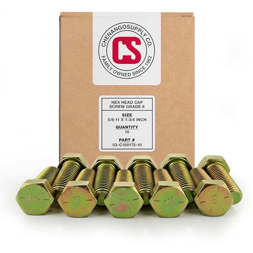 Image of Chenango Supply 5 /8-11 x 1-3 /4 inch Grade 8 Hex Head Cap Screws | Alloy Steel Hex Bolts, 150,000 PSI Tensile Strength, Yellow Zinc Chromate Finish, USS Coarse Thread Fasteners (10 Pack)