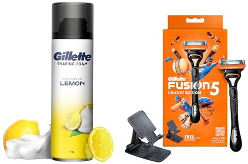 Image of Gillette Fusion Cricket Edition Manual Razor with a Styling Back Blade and Phone stand & Gillette Classic Lemon Lime Pre Shave Foam - 196 g