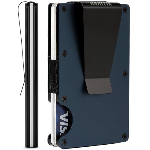 Minimalist Carbon Fiber Wallet for Men, Money Clip Cash Strap Wallet, RFID Blocking Metal Wallet Aluminum Card Holder,Front Pocket Wallet(Matte Navy Blue)