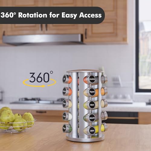 Image of New England Stories Revolving Spice Rack Set with 20 Spice Jars, Kitchen Spice Tower Organizer for Countertop or Cabinet - Carousel Storage Includes 386 Spice Labels (Silver)