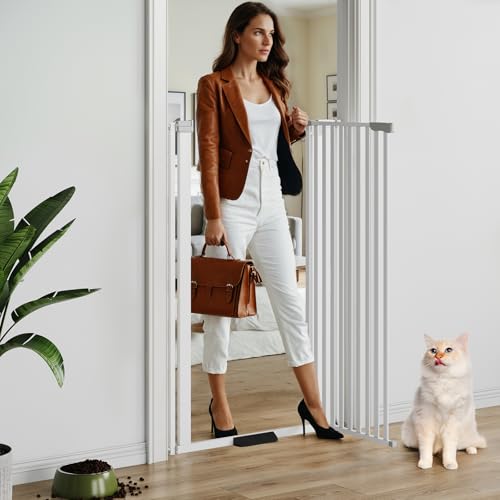 Semiocthome Extra Tall White Pet Gate 130cm High for Dogs and Cats Pressure-Mounted for 78-90cm Doorways Features 90 Two-Way Swing & Auto-Close Metal Walk-Through Gate for Stairs and Bedrooms