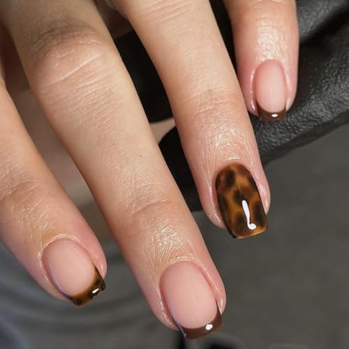 Short Square Press on Nails Brown French Tip Fake Nails Tortoiseshell...