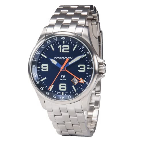 Torgoen T9 Blue GMT Pilot Watch for Men, Swiss Quartz, Mineral Crystal with Silver Metal Strap