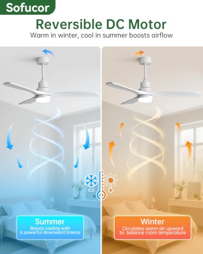 Image of Sofucor 52 Inch Wood Ceiling Fans with Lights and Remote, Modern, White | 3 Blade, Quiet Reversible DC Motor, 3CCT Dimmable, 6 Speed, Timer, Indoor /Covered Outdoor /Bedroom /Living Room /Patio /Kitchen