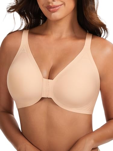 Angelhood Front Closure Bras for Women, Wireless Seamless Bra with Jelly Support, Supportive Mastectomy Bras, Padded Bras for Older Women Beige